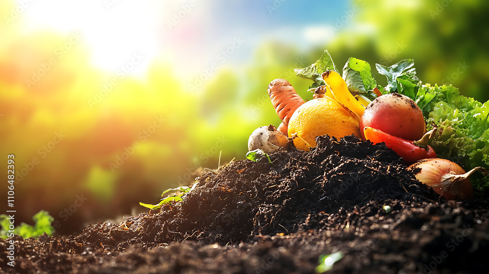 Poster Compost and composted soil in the form of a compost heap from rotting kitchen scraps with fruit and vegetable scraps processed into organic soil for fertilizer as a composite