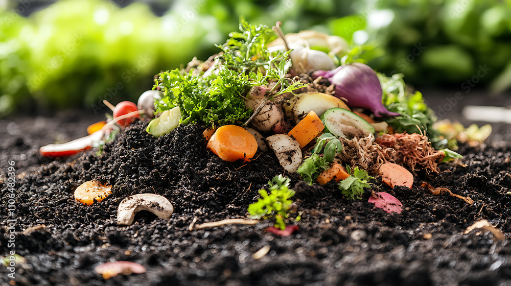Poster Compost and composted soil in the form of a compost heap from rotting kitchen scraps with fruit and vegetable scraps processed into organic soil for fertilizer as a composite