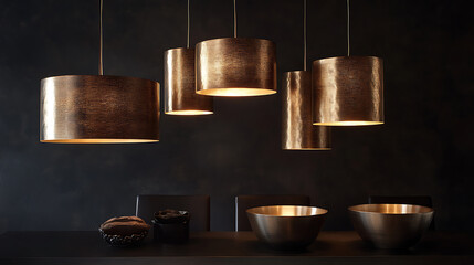 Bronze decoration lamps and lampshades in a modern style, set against a dark wall