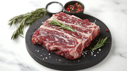 Fototapeta premium Close-up of raw fresh marble meat on board with condiments on white background, Chili pepper, rosemary, salt and black pepper, Ready for steak