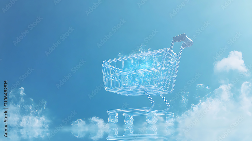 Poster digital illustration of e-commerce with a shopping cart icon over a soft blue background symbolizing
