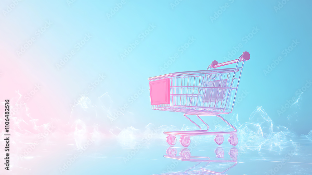 Poster digital illustration of e-commerce with a shopping cart icon over a soft blue background symbolizing