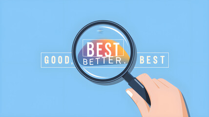 A hand holding a magnifying glass over a blue background with the words "Best