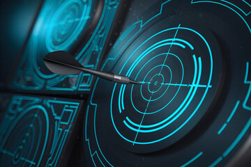 Fototapeta premium A black dart is in the center of a blue circle with a green background
