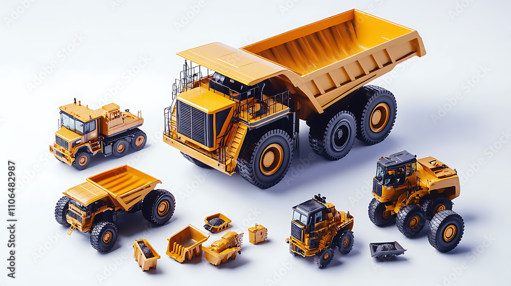 Poster 3d rendering of a mining dump truck and other heavy construction equipment on a white background