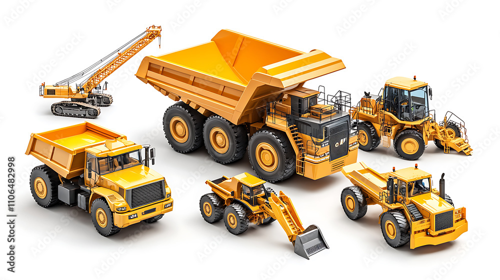 Poster 3d rendering of a mining dump truck and other heavy construction equipment on a white background