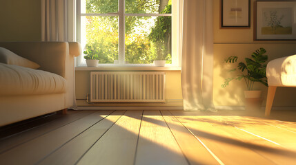 Fototapeta premium Illustration depicting a underfloor heating system installed beneath a wooden floor, rendered in 3D