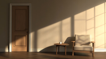 3D rendering of a contemporary living room featuring a door, armchair, and coffee table
