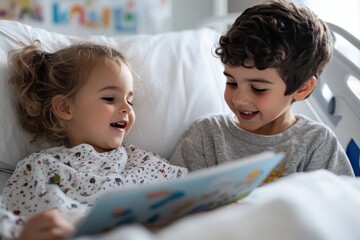 A young boy and girl share an engaging moment reading a storybook together in a hospital bed, reflecting joy, laughter, and the importance of companionship during recovery.