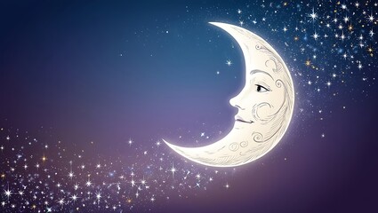 Crescent Moon Face Among Sparkling Night Stars