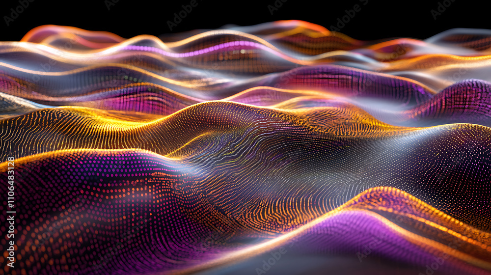 Leinwandbilder A 3D illustration depicting a wavy field with lines resembling a digital code, representing a digital structure and the concept of big data, It showcases a coded data loop in a cyberspace background