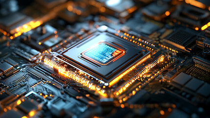 A cutting-edge microchip emblazoned with the title AI symbolizing advanced artificial intelligence technology, typically used in machine learning and computing applications