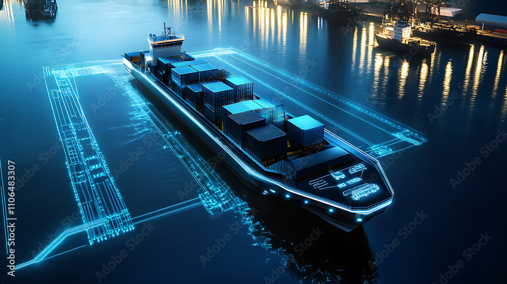 Poster a futuristic autonomous semi cargo container ship with scanning sensors, showcasing digital cyber te