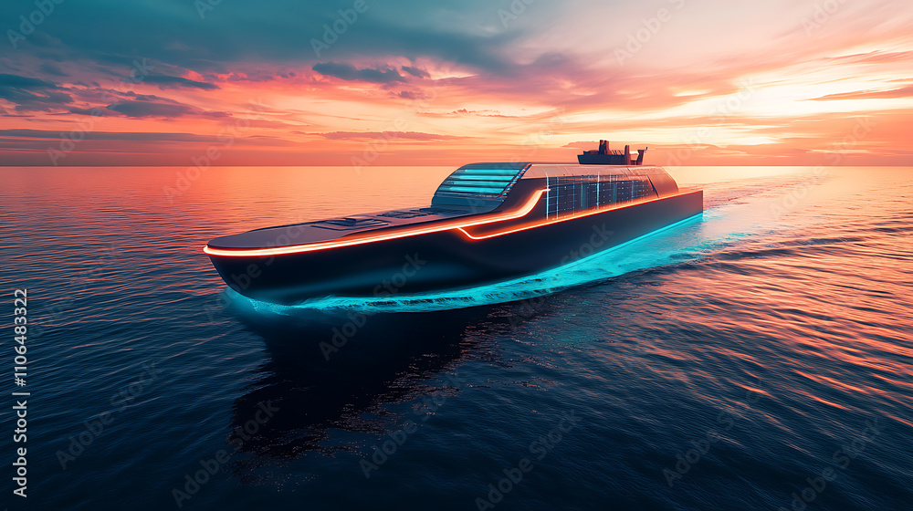 Aufkleber a futuristic autonomous semi cargo container ship with scanning sensors, showcasing digital cyber te