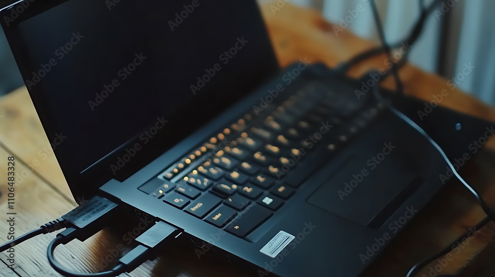 Fototapete Powering up a laptop computer using its charger and power plug, along with the adapter for the notebook's battery charger