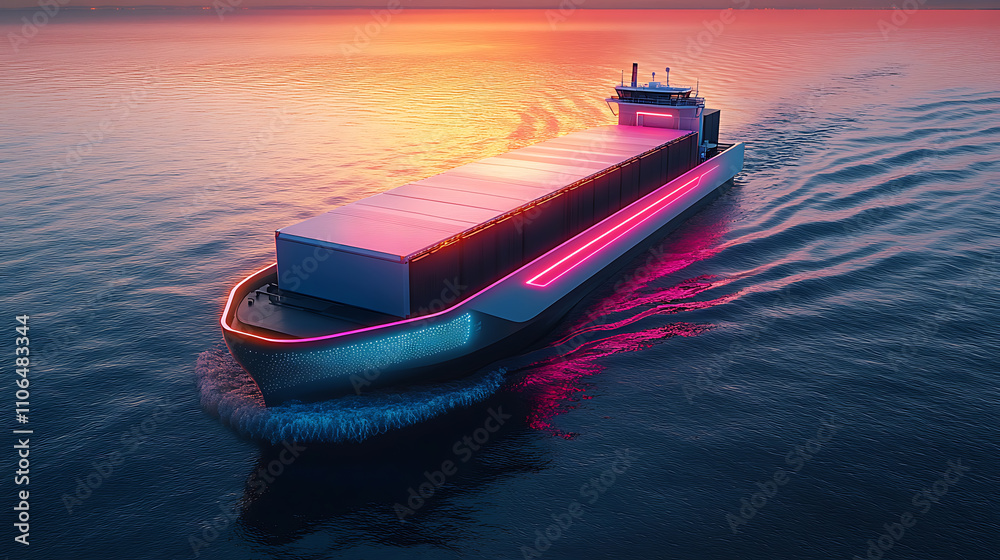 Poster a futuristic autonomous semi cargo container ship with scanning sensors, showcasing digital cyber te