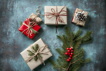 Christmas and New Year background with gifts, decorations, and fir branches on a blue table