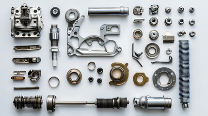 Obraz premium Sapre parts, White background with an auto motor mechanic spare or automotive component, new metal car part set, auto engine repair