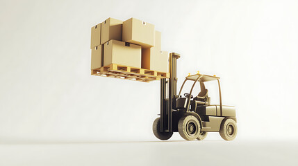 A pallet containing cardboard boxes is being raised by the forklift truck against a white backdrop, 3D illustration