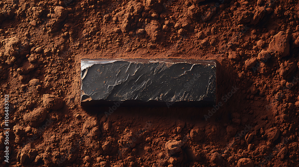 Poster a segment of dark chocolate resting atop a bed of cocoa powder