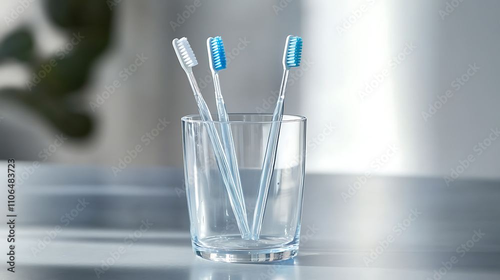 Aufkleber toothbrushes stored in a glass on a table against a light background