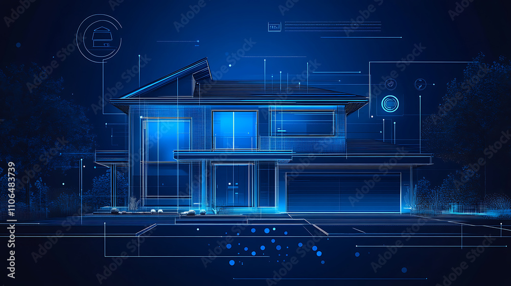 Leinwandbilder A smart home designed in the blueprint style with modular design, dimensional multilayering, cyan color scheme, light black and blue hues, and line and dot work