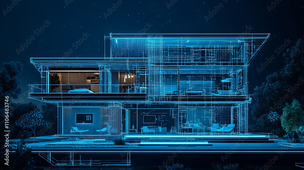 Poster A smart home designed in the blueprint style with modular design, dimensional multilayering, cyan color scheme, light black and blue hues, and line and dot work