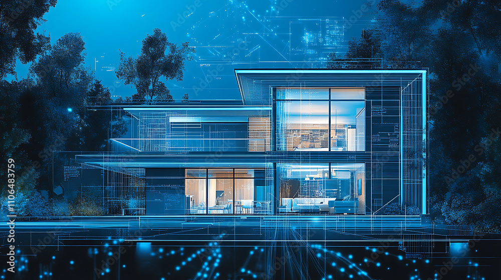 Fototapete a smart home designed in the blueprint style with modular design, dimensional multilayering, cyan co