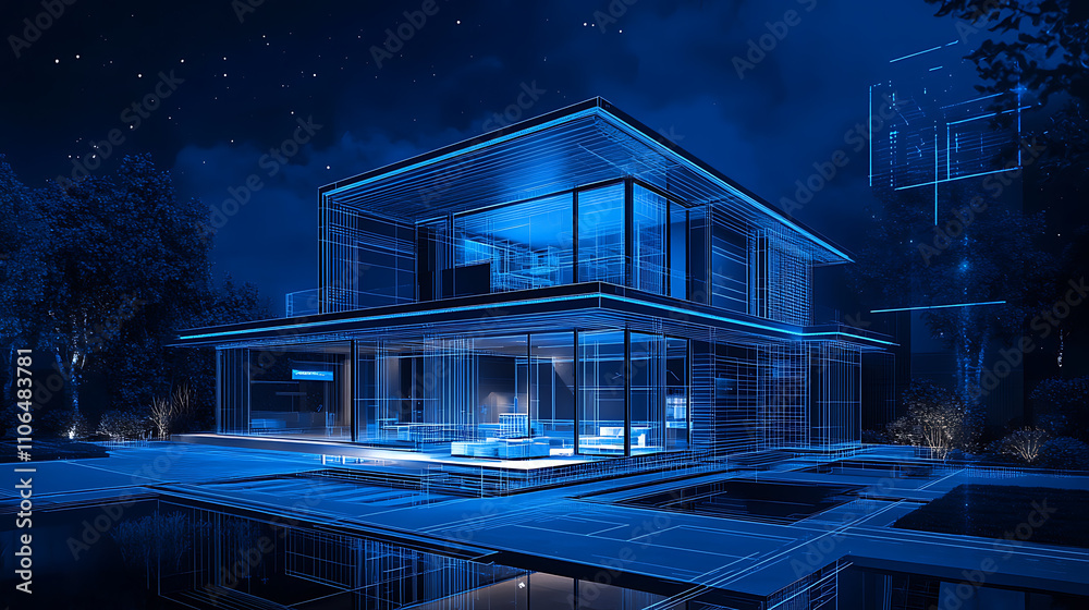 Fototapete a smart home designed in the blueprint style with modular design, dimensional multilayering, cyan co