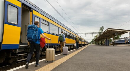 Naklejka premium Travelers boarding a train at a scenic countryside station