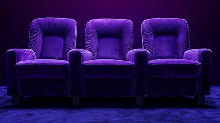 Fototapeta premium Three plush purple theater seats, a deep purple backdrop, a clear frame, a product shot, a wide shot, a square shot, a packshot, and no shadows