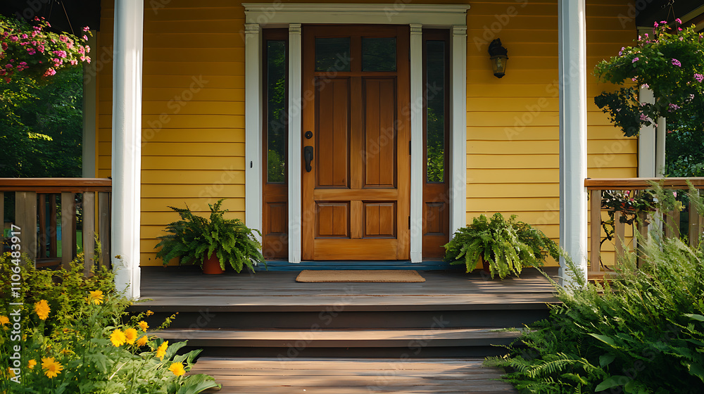 Poster a wide horizontal shot capturing the front view of a wooden front door on a yellow house, the image 