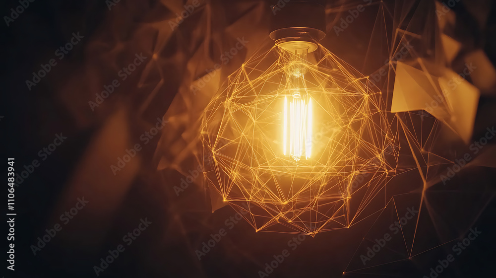 Poster Using polygonal lines to create a bright light in an incandescent lamp on a dark background represents creativity, innovation, and technology