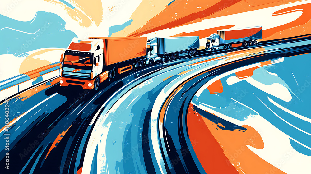 Poster an abstract background featuring trucks and transportation elements, depicting highways and delivery