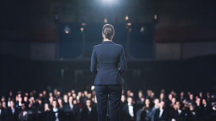 A woman stands on a stage in front of a large audience