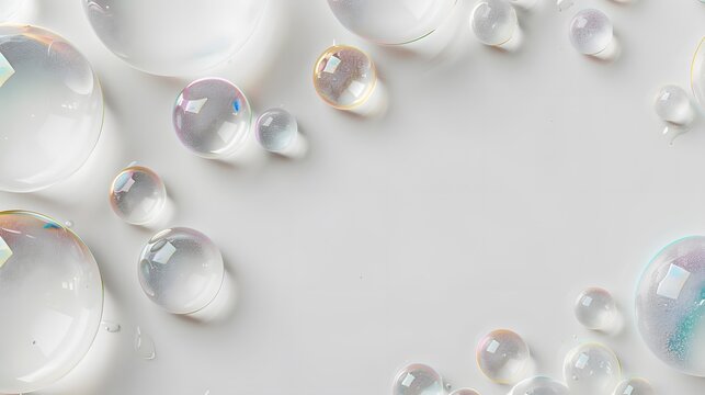 Iridescent water droplets on white background.