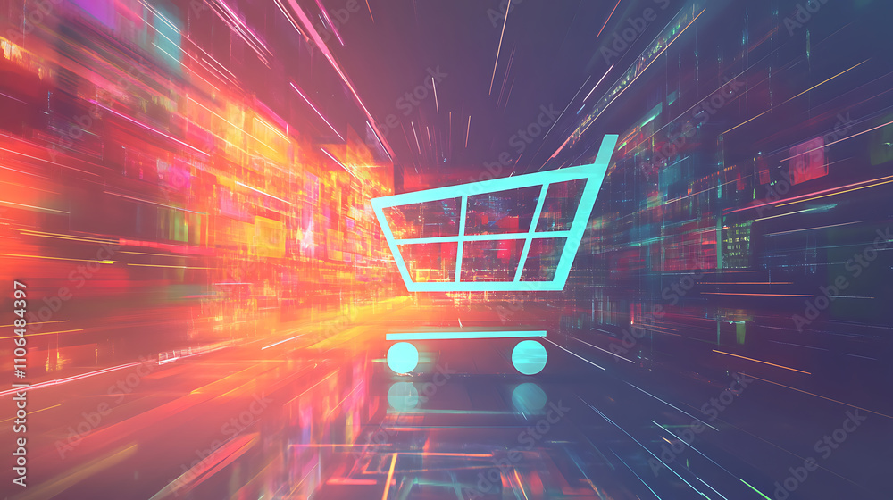 Poster digital concept art of online shopping featuring a vibrant shopping cart icon over a soft technologi