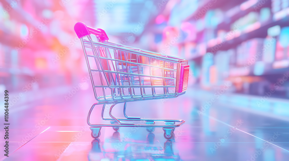 Poster digital concept art of online shopping featuring a vibrant shopping cart icon over a soft technologi