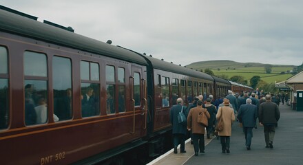 Fototapeta premium Travelers boarding a train at a scenic countryside station
