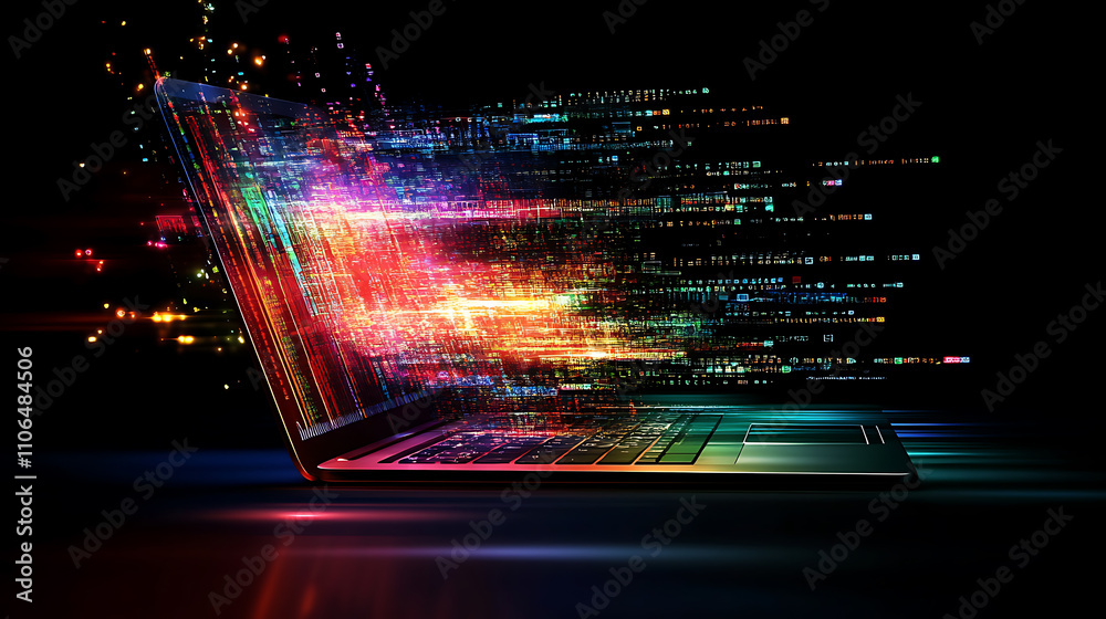 Aufkleber A background image illustrating the laptop concept technology, accompanied by a business graph and data analysis process, It reflects coding for future communication network software development