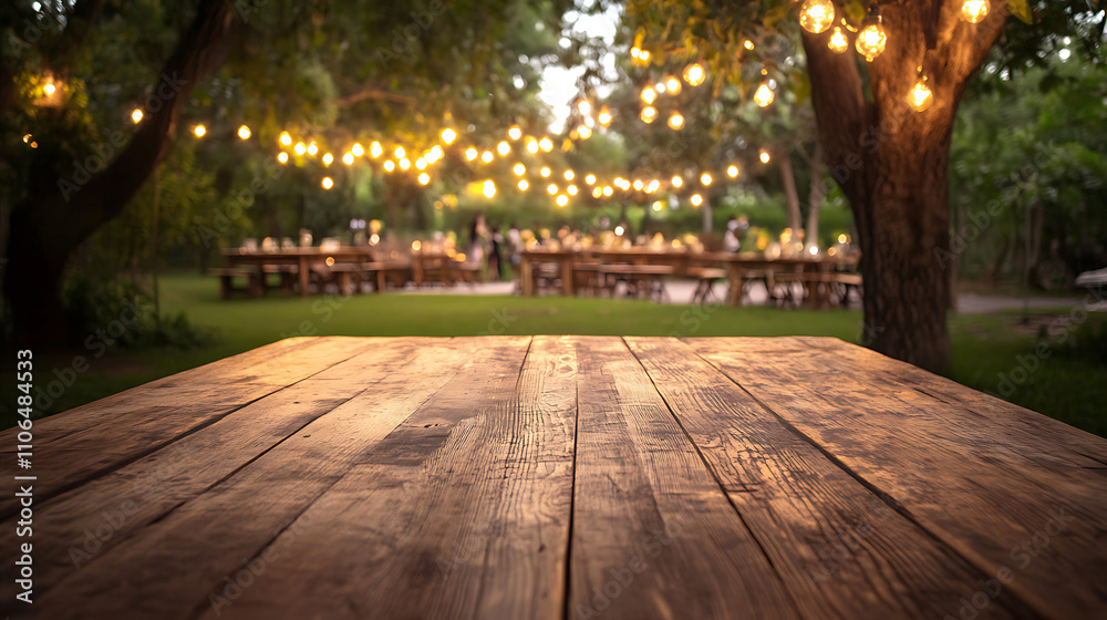 Poster empty wooden table with party in garden background blurred