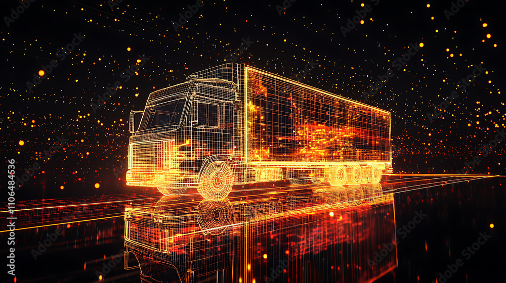 Fototapete digital representation in 3d, a wireframe depiction of a moving truck illuminated by neon lights, ac
