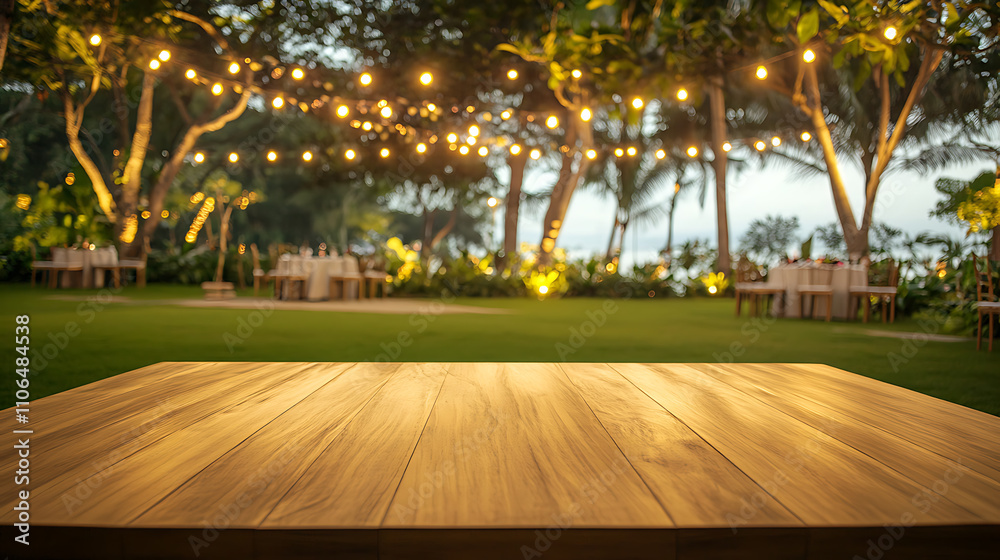 Poster empty wooden table with party in garden background blurred