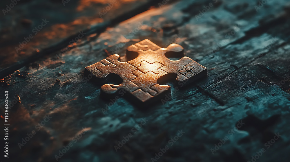 Poster a business concept portraying a missing jigsaw puzzle piece with a light glow, symbolizing the compl