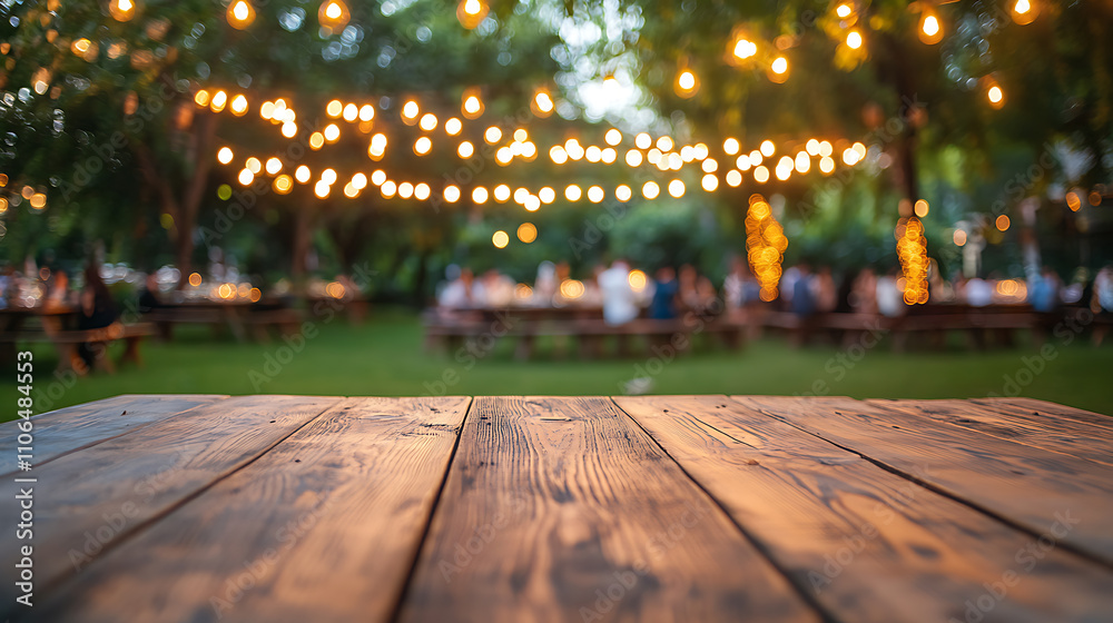 Poster empty wooden table with party in garden background blurred