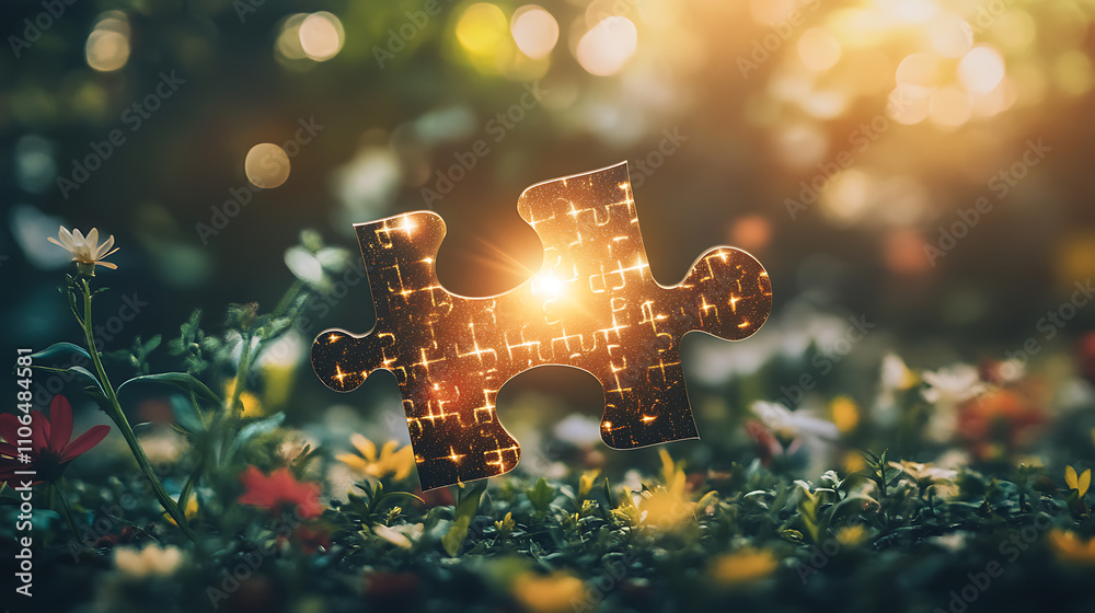 Poster A business concept portraying a missing jigsaw puzzle piece with a light glow, symbolizing the completion of the final puzzle piece