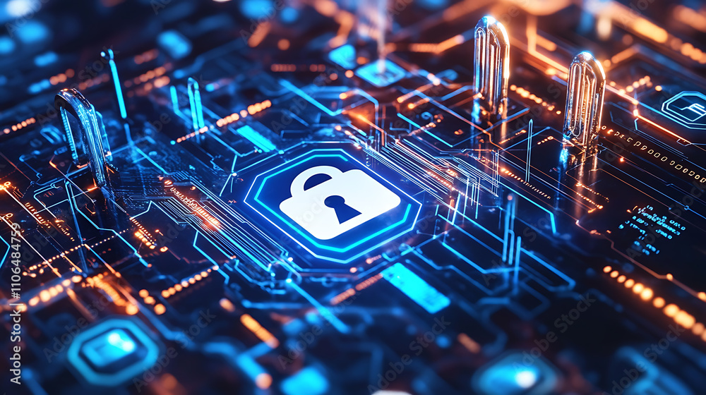 Poster A digital composite image illustrating the concept of identity theft protection, featuring futuristic interface elements symbolizing secure personal data