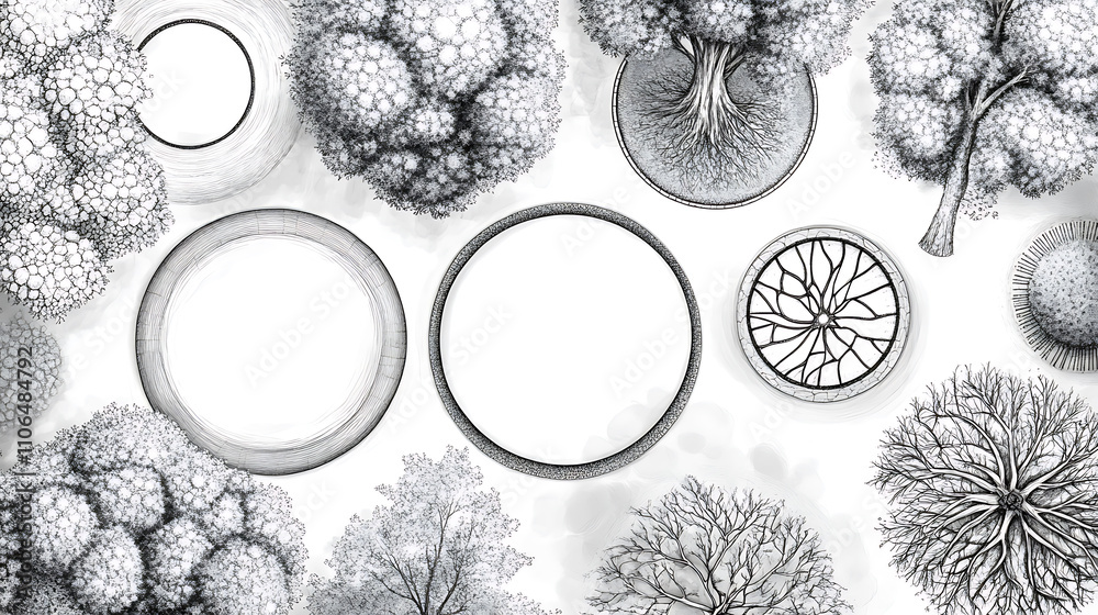 Aufkleber Hand-drawn architectural pattern with various textures in circles, For architectural layout and landscape design, an abstract tree top view is used