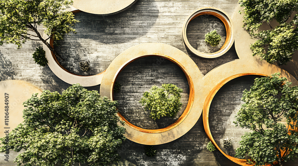 Aufkleber Hand-drawn architectural pattern with various textures in circles, For architectural layout and landscape design, an abstract tree top view is used