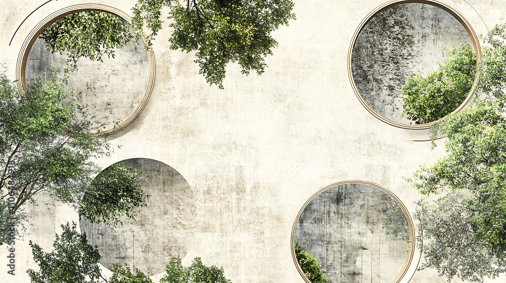 Aufkleber Hand-drawn architectural pattern with various textures in circles, For architectural layout and landscape design, an abstract tree top view is used